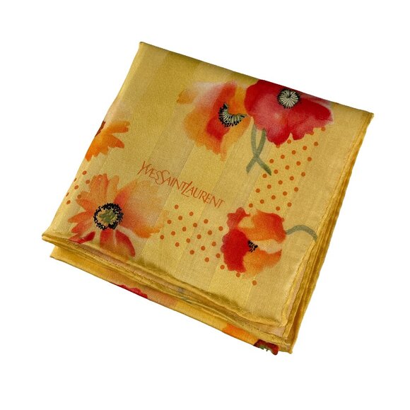 Vintage Yves Saint Laurent Cotton Floral Scarf Poppy Print Rolled Hem - Picture 2 of 10